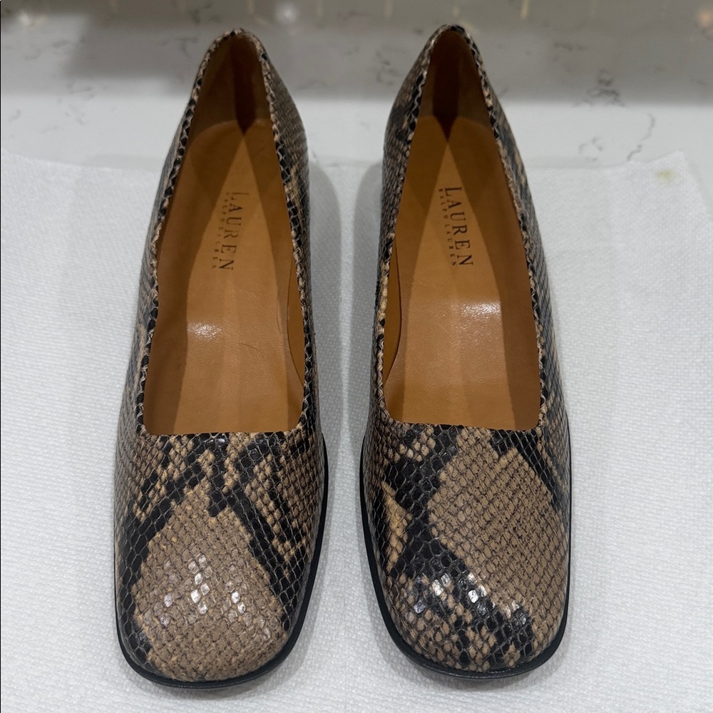 Lauren Ralph Lauren Tan and Black Snakeskin-Print Flats - Picture 2 of 7